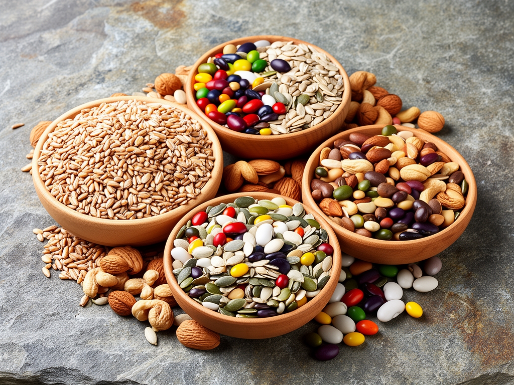 Cuencos con granos integrales, legumbres coloridas, nueces y semillas sobre una superficie de piedra natural, representando densidad nutricional y alimentación consciente