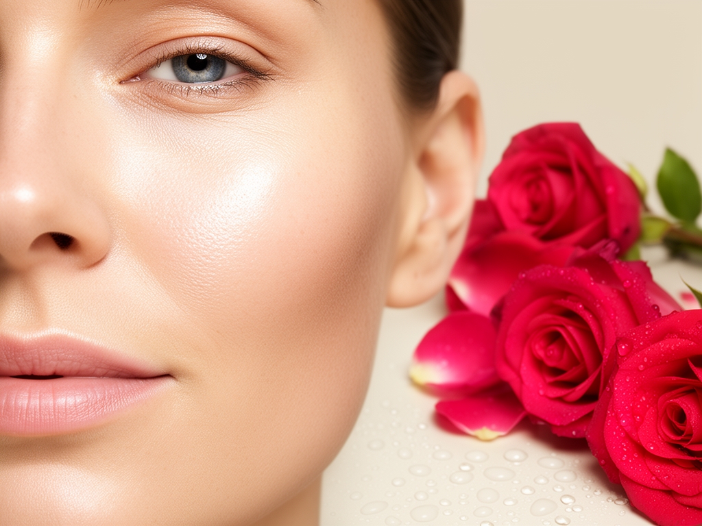 Primer plano de piel humana sana y luminosa con textura natural, junto a pétalos de rosa y gotas de agua sobre fondo neutro claro