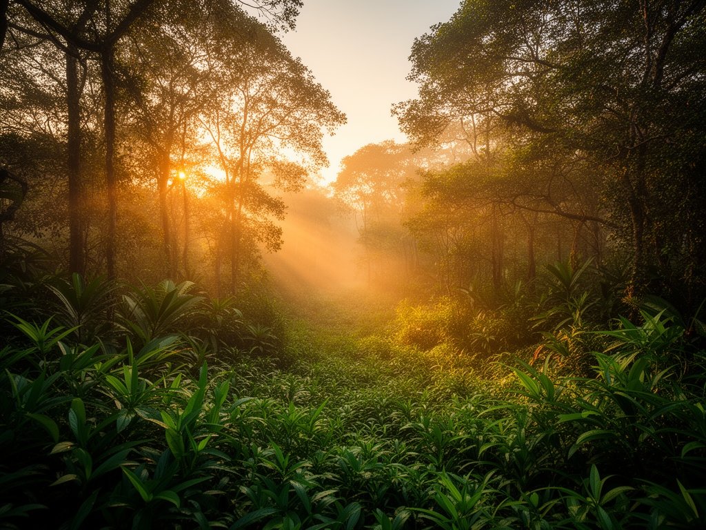 Paisaje natural sereno al amanecer con vegetación exuberante y luz cálida dorada filtrándose entre los árboles, evocando vitalidad y equilibrio