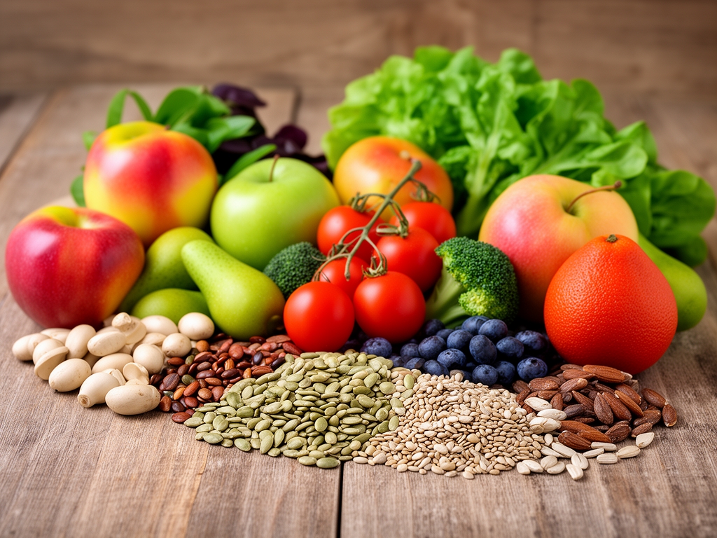 Variedad de frutas, verduras y semillas frescas sobre una superficie de madera natural, representando una alimentación nutritiva y balanceada