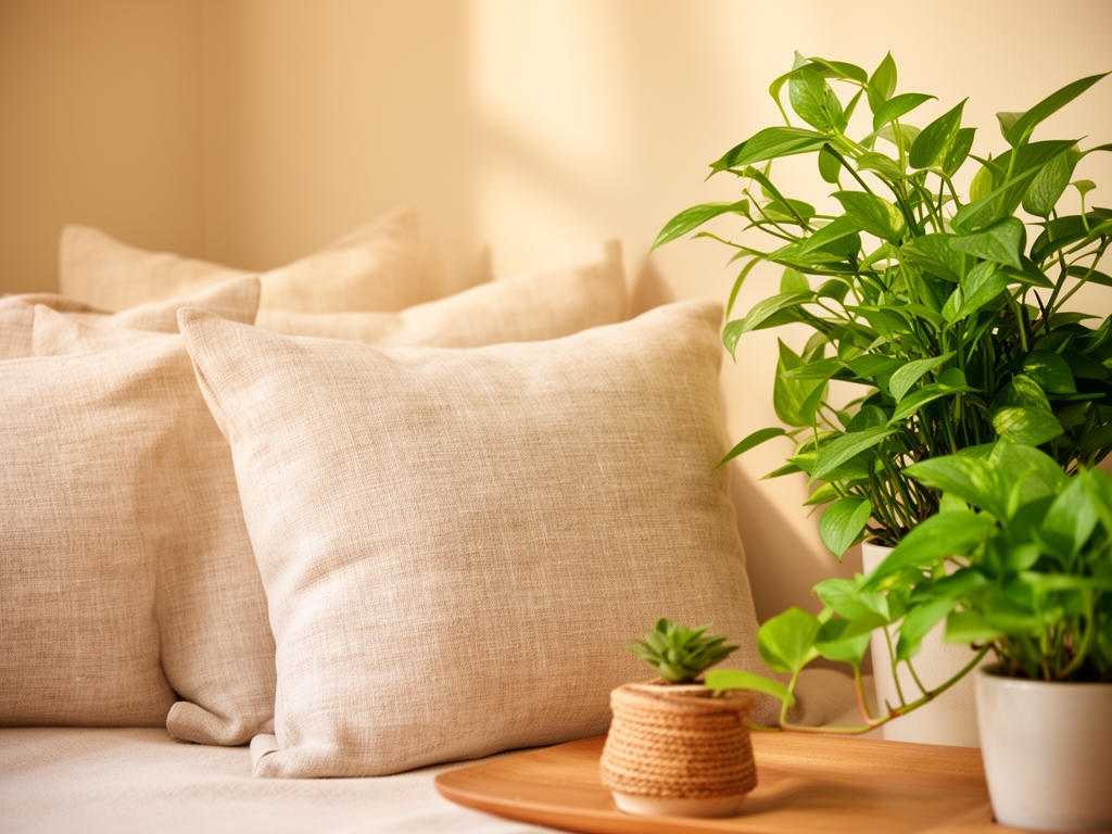 Espacio tranquilo y ordenado con luz suave y cálida, cojines de lino natural y plantas verdes, evocando descanso y recuperación